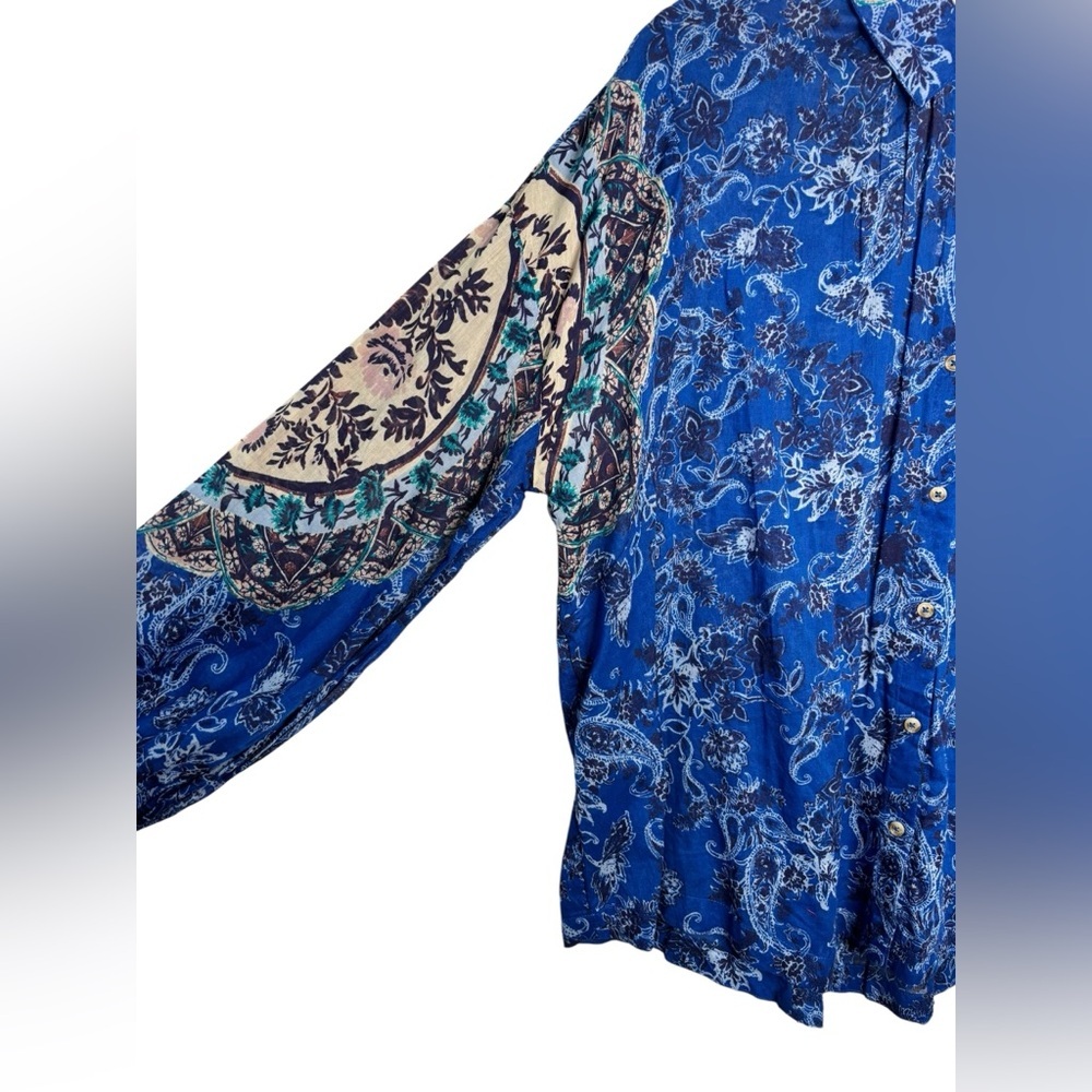 NEW Free People Rose Bud Paisley Cotton Button Up Shirt Womens Oversized Blue SM - Picture 3 of 12